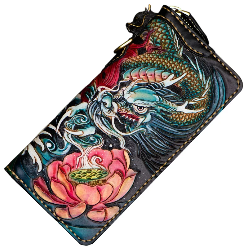 

Handmade carving Fish Loong Women Wallets Card Holder Purses Men Long Clutch Vegetable Tanned Leather New Year Gift