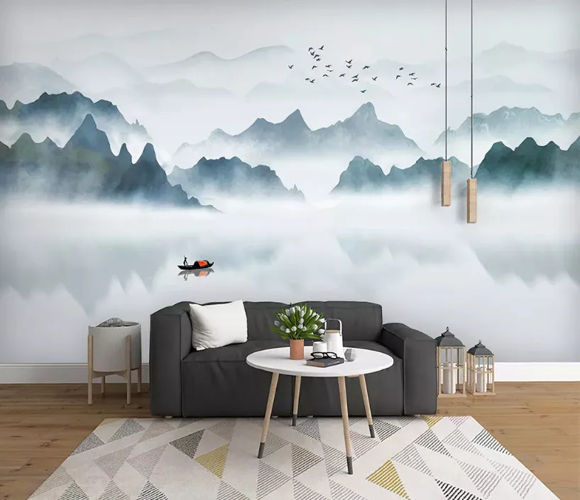 Beibehang пользовательские шелковистые papel де parede 3d обои новые китайские чернила пейзаж Синий абстрактная линия декоративная живопись фон - Цвет: 17597241