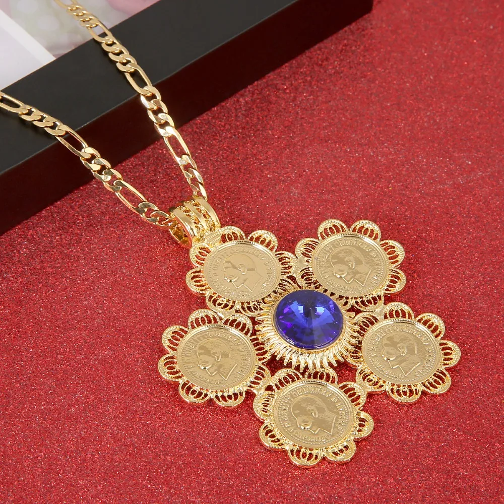 Ethiopian Red Blue Green Stone Cross Pendant Necklace Women Men Jewelry Africa Coin Eritrea Habesha | Украшения и аксессуары