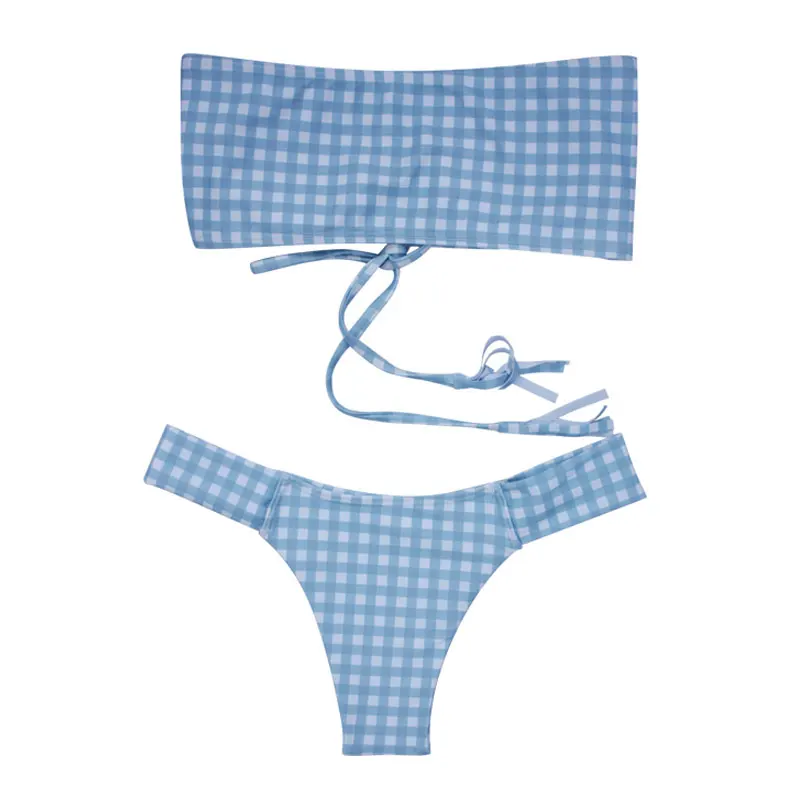 WTCandy New Print Plaid Bandage Bikini String Bandeau Swimsuit Women Sexy Thong Swimwear Bather Biquini May Micro Bathing Suit |