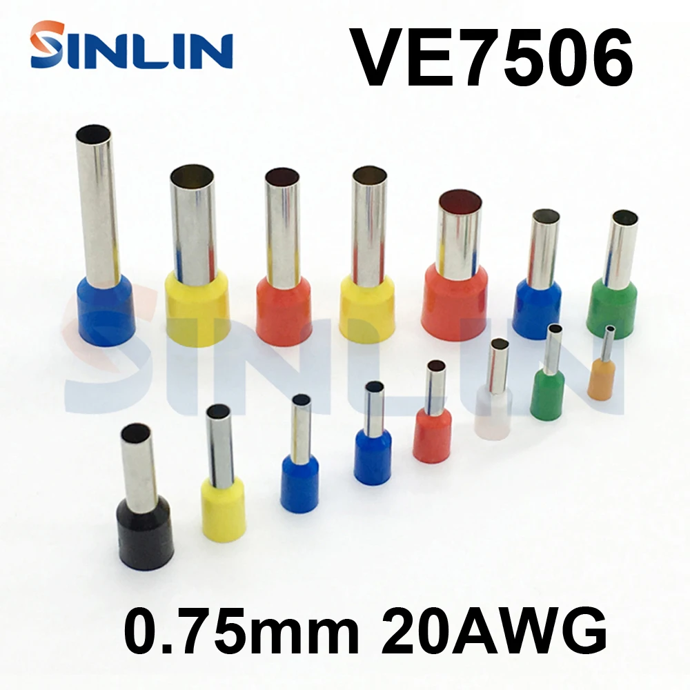 

1000pcs/lot Crimp Terminal VE7506 tube pre insulating terminal Bootlace Ferrules AWG20 0.75mm^2 Brass