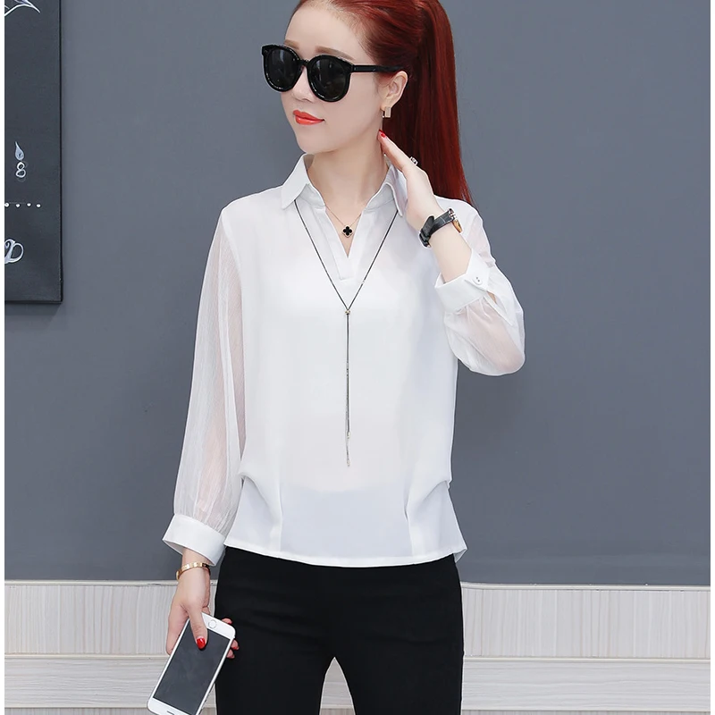 

Женские топы и блузки из белого шифона с длинными рукавами, офисные женские топы в Корейском стиле, элегантные блузы ZL230