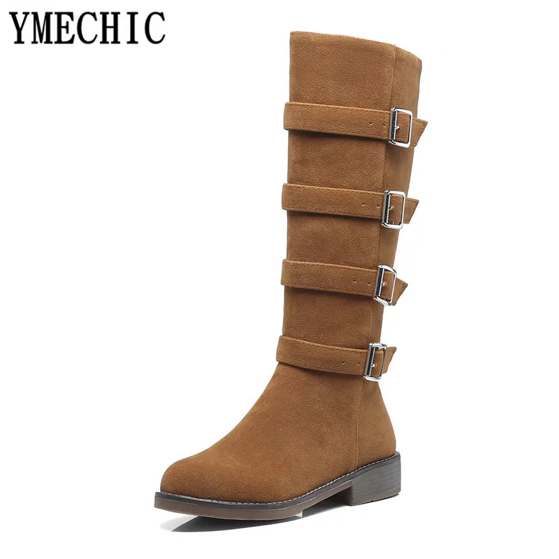 Женские высокие сапоги YMECHIC черные коричневые зеленые с пряжкой на ремешке не