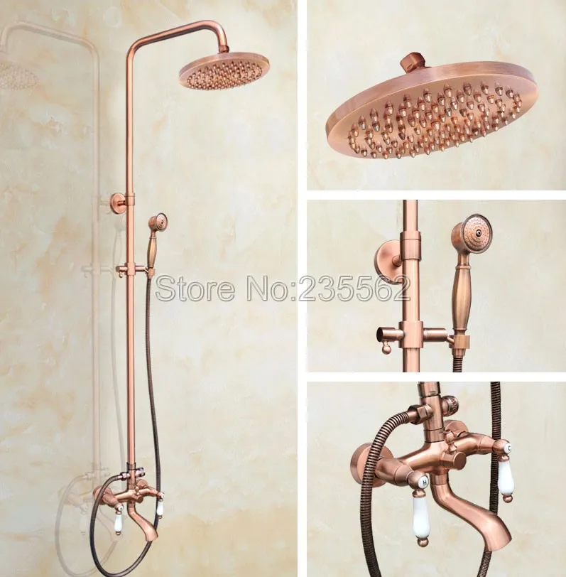 

8 Inch Bathroom Shower Faucet Red Copper Round Rainfall Wall Mounted Bathtub Shower Head Handheld Faucet Shower Set lrg573