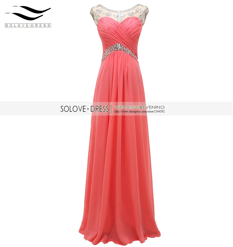 

Длинное вечернее платье Solovedress, кораллового цвета, с бисером, с блестками, модель SLP0008, 2016