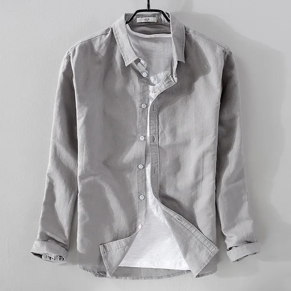 gray Suehaiwe's brand Italy stlye long-sleeved linen shirt men solid cotton men shirts summer white shirt male camisa dropshipping - Цвет: gray