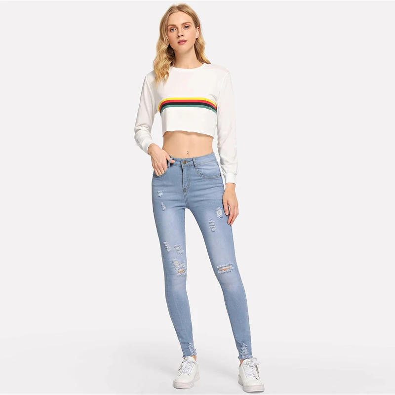 Dotfashion синие наколенники необработанный край женские узкие джинсы Весна повседневные корейские уличные джинсы брюки женские джинсовые брюки