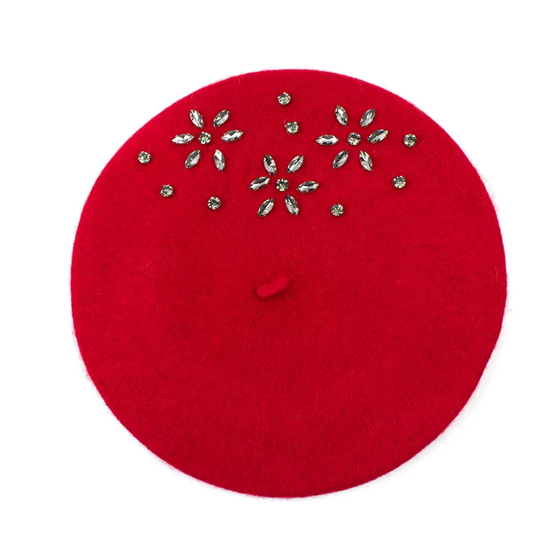 Red Geebro, женский берет, шапка, модная, однотонная, черная шерсть, вязаные береты, стразы, для девушек, французская художница, вязаная шляпа берет, женская - Цвет: Red