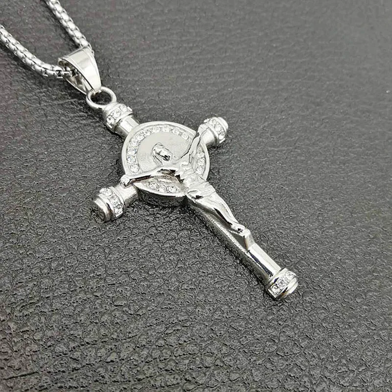 Микро проложили Блестящий Циркон Bling INRI Крест Иисуса Христа кулон ожерелье золото 316L нержавеющая сталь для мужчин Хип Хоп рок ювелирные изделия - Окраска металла: Silver