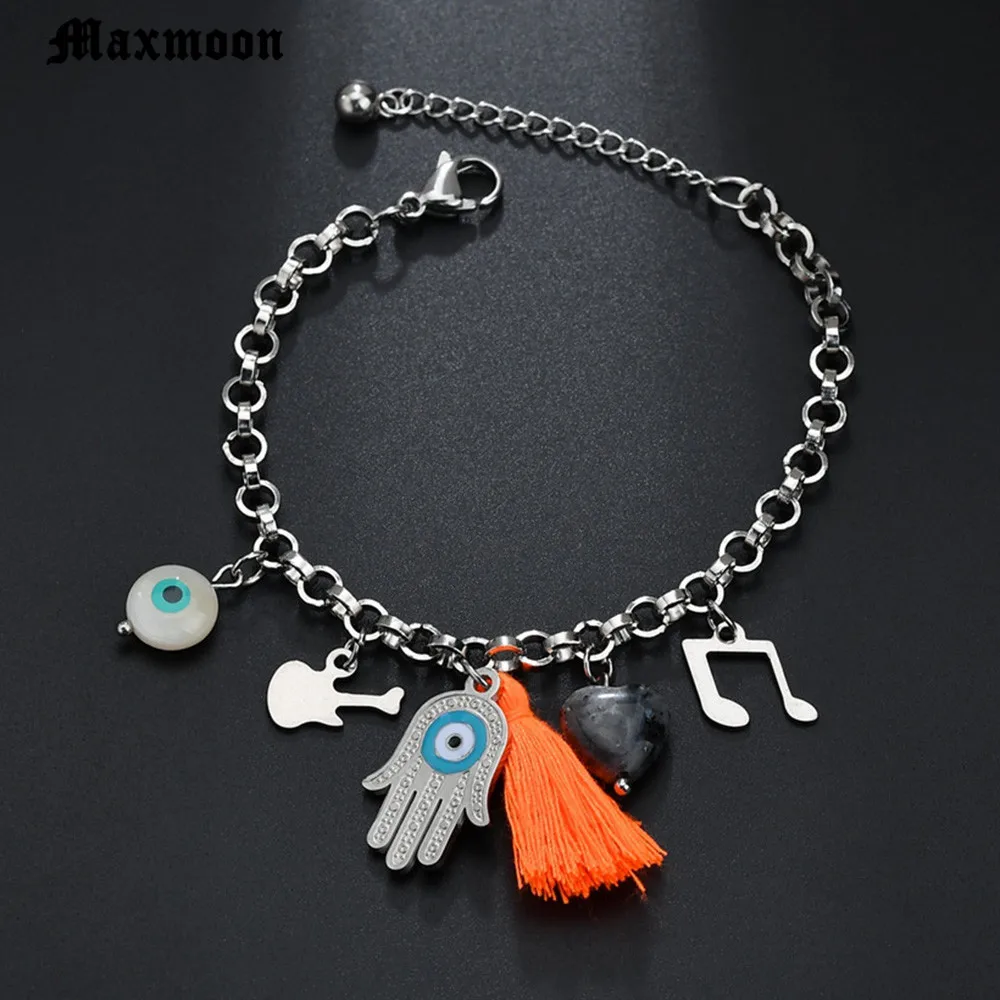Maxmoon Lucky Kabbalah StainlessSteelHamsa браслеты синий Турецкий Дурной глаз очарование Женская