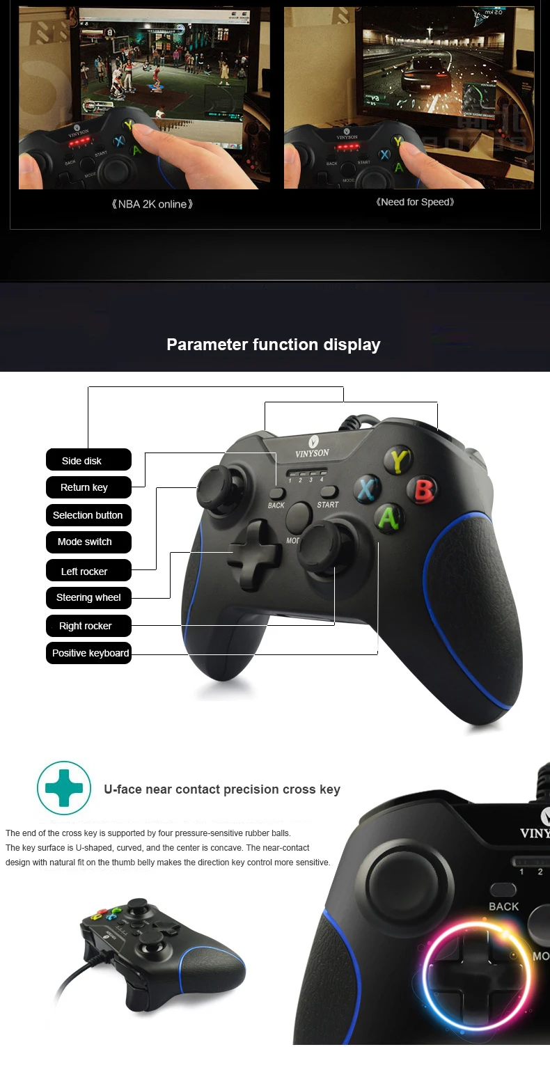 Игровой джойстик VINYSON Проводной контроллер PS3 для Android Совместим с джойстиком Геймпад для Джойстик для ПК с Windows TV