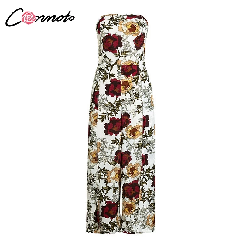 Белый Conmoto, без бретелек, Feminino,, Летний комбинезон, Цветочный, Boho, пляжный комбинезон, широкие, длинные, с открытой спиной, комбинезоны, комбинезоны - Цвет: Белый