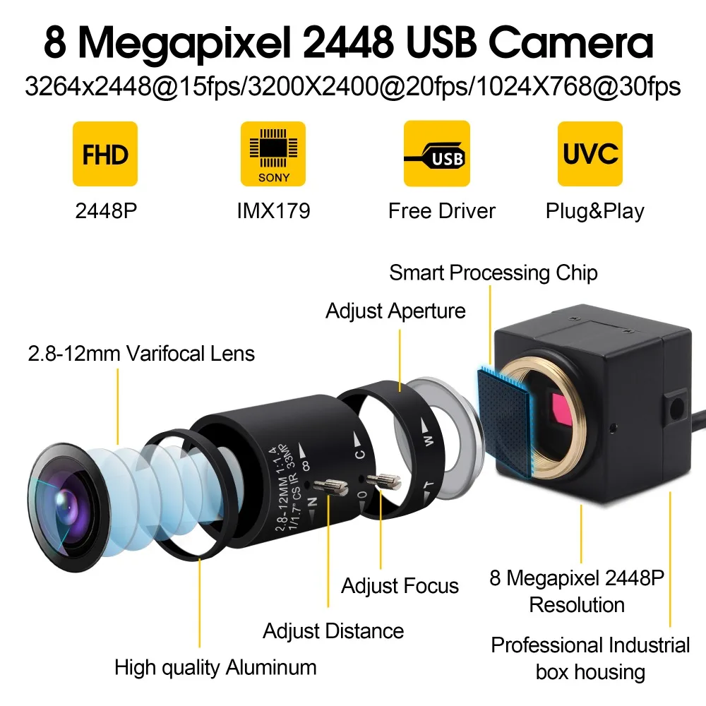 8MP USB камера видео веб-камера Mjpeg 3264X2448 2,8-12 мм/5-50 мм ручной объектив с переменным фокусным расстоянием sony IMX179 мини 3 м кабель usb камера