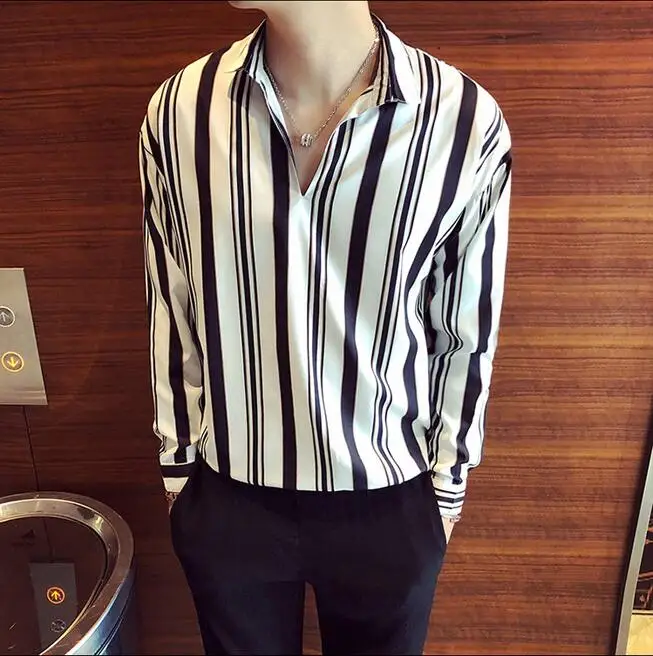 Модная мужская рубашка с v образным вырезом и длинным рукавом Хлопковая