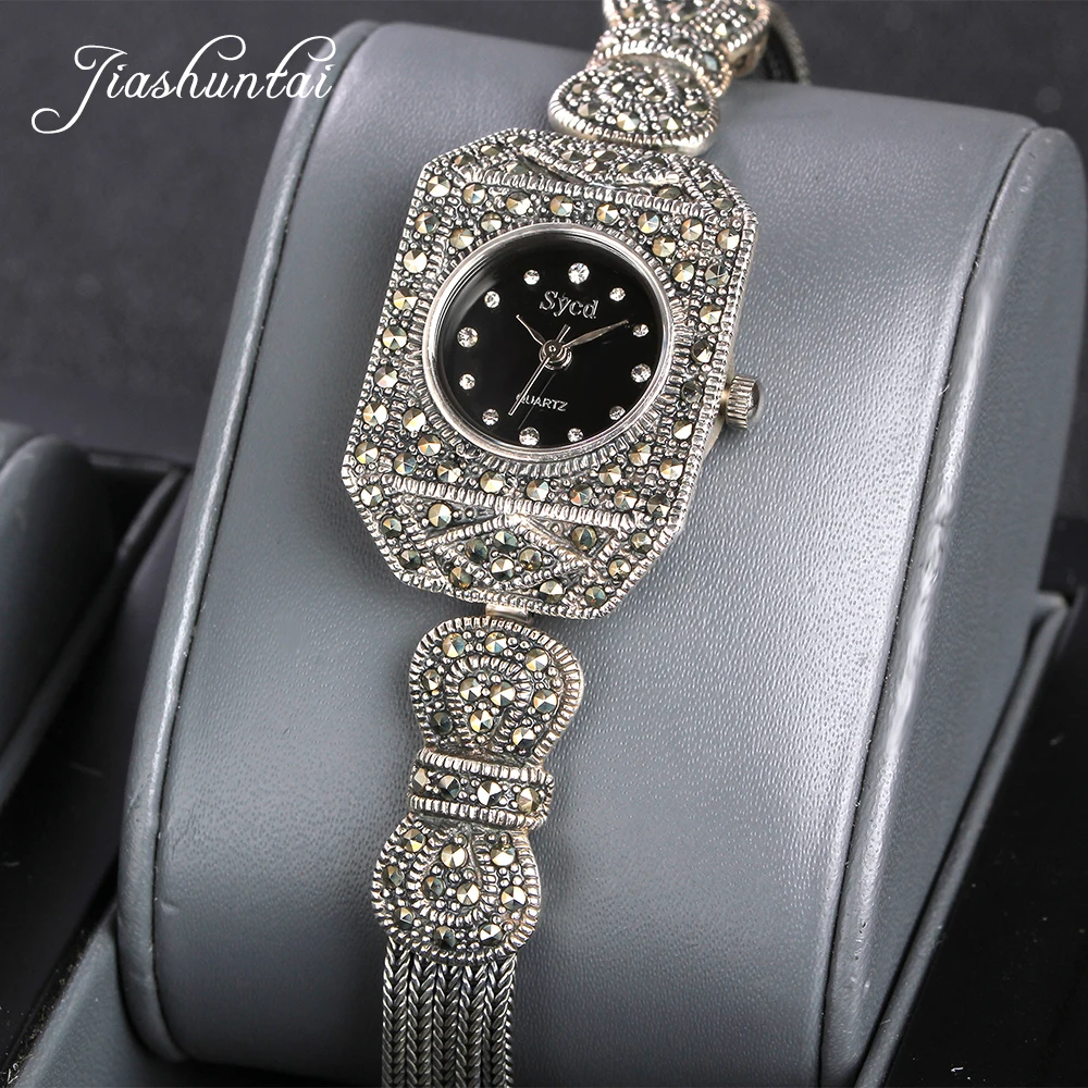 Relógio para Mulheres Jiashuntai Vintage Prata Retro Esterlina Relógio Pulseiras Joias 100% 925