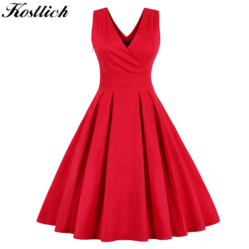 Kostlish элегантных женщин лето dress 2017 рукавов свинг 1950 s vintage туника v-образным