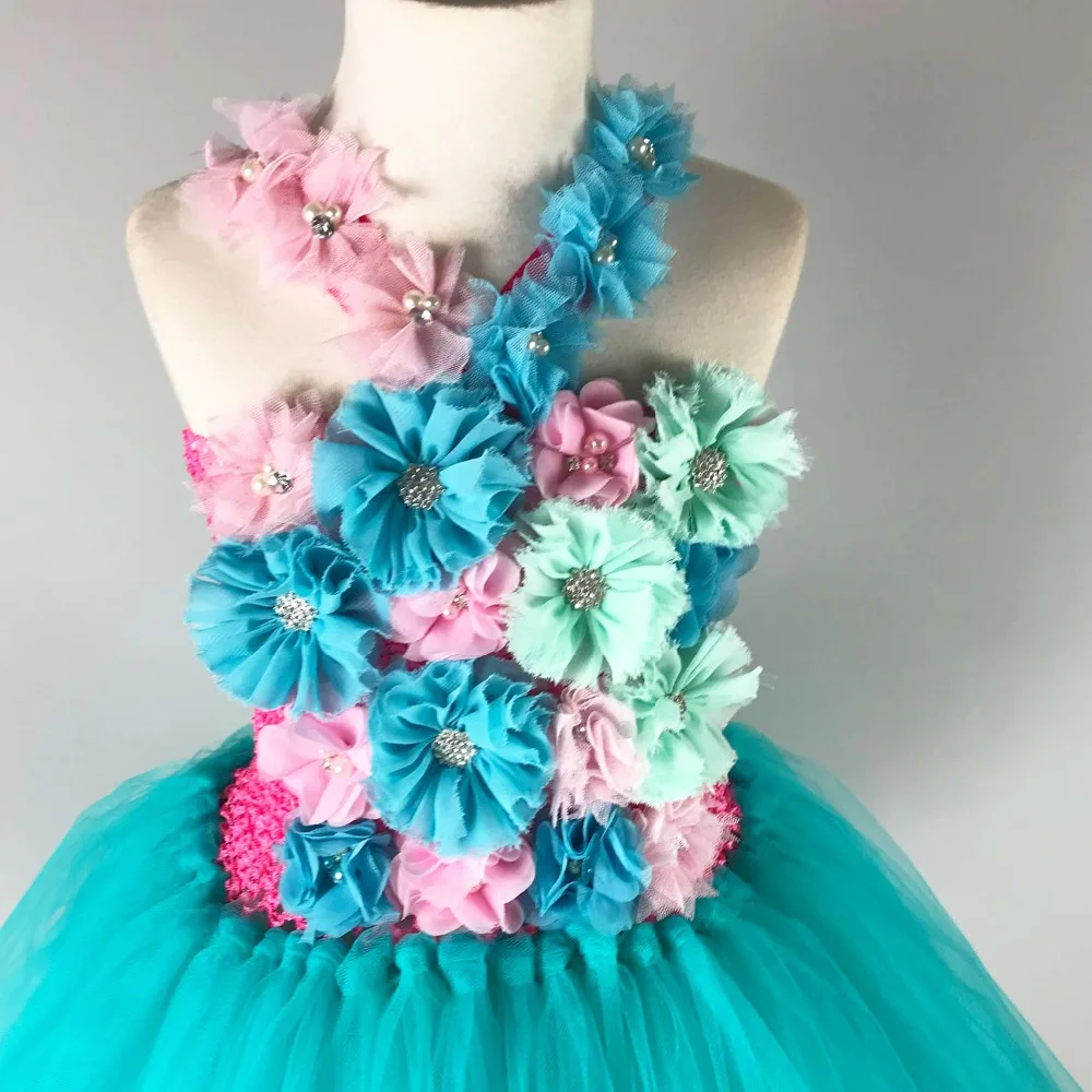 POSH DREAM Teal Green Flower Girls Wedding Party Dresses for Children Chiffon Turquoise Blue Baby Birthday Clothes | Детская одежда и