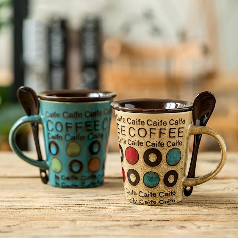 

Creative Mug Trend Ceramic Cup Home Drink with Spoon 360ML Milk Coffee Tea Mug With Lid Breakfast Cup Drinkware Free Shipping