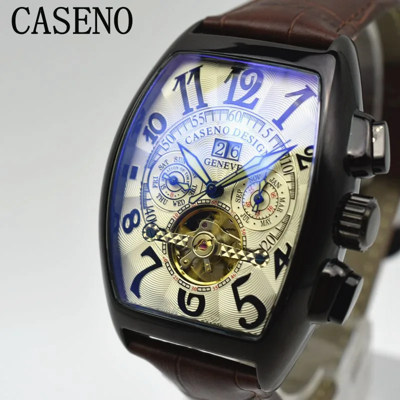 CASENO Tourbillon автоматические механические мужские часы с хронографом и кожаным скелетом, роскошные Брендовые спортивные деловые часы