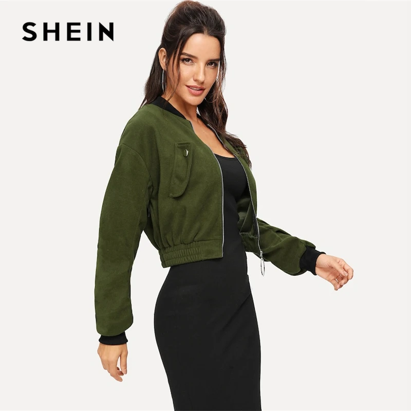 SHEIN Жакет-Бомбер На Молнии С Заниженной Линией Плеч Цвета Хаки, Модная Укороченная Куртка-Бомбер На Молнии