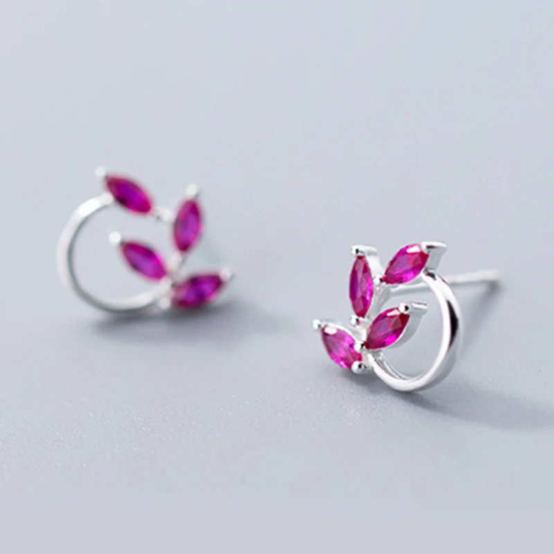 Purple earrings Высокое качество подлинные 925 пробы серебряные ювелирные изделия дерево в форме листа циркониевые кристаллы цветок серьги гвоздики - Окраска металла: Purple earrings