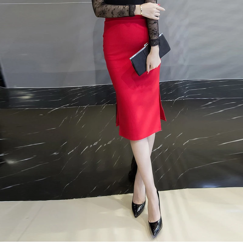 Плюс Размеры S-5XL Юбки-карандаши Для женщин Высокая Талия Stretch Slim офисные элегантные юбки Женский разрез Bodycon Повседневное Миди-юбки