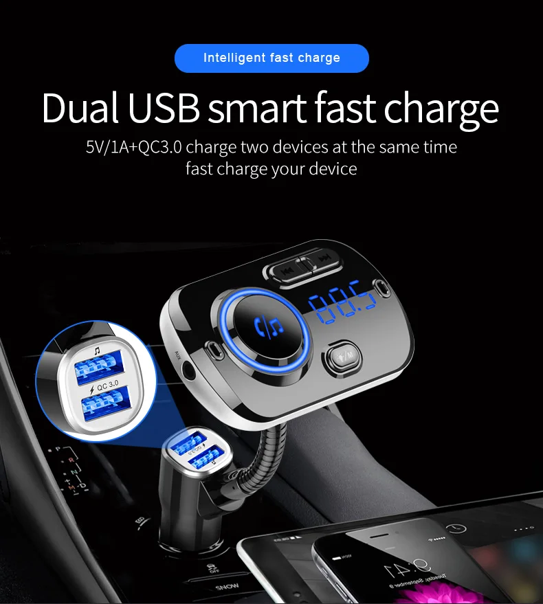 JINSERTA Bluetooth 5,0 MP3 плеер FM передатчик автомобильный комплект USB QC3.0 Громкая связь красочные атмосферные огни Поддержка TF карты