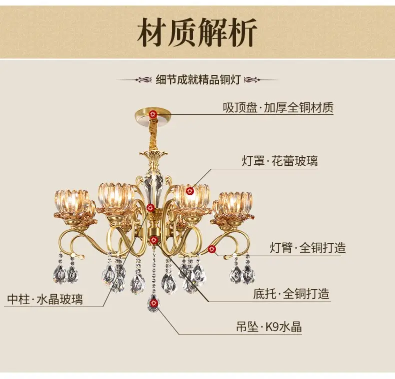 European style retro luxury crystal chandelier living room and bedroom restaurant American copper gold glass chandelier