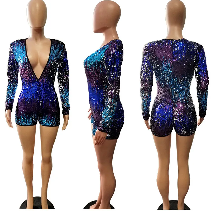 

Adogirl Colorful Sequins Deep V Neck Playsuit Women Sexy Sheath Long Sleeve Night Club Party Jumpsuit Casual Overalls Rompers