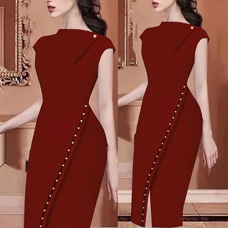 2019 Women Elegant Casual Office Dress Lady Irregular Slit Party Solid Button Beading Midi | Женская одежда