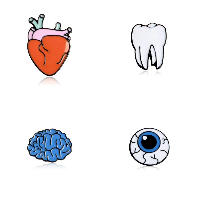 Набор из 4 брошей в форме имитации человеческих органов (мозга, глаз, сердца, зубов) для женской одежды.