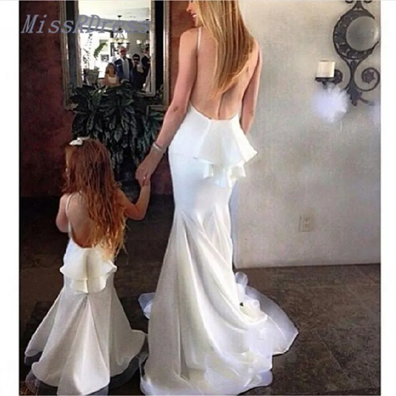 2017 Белый Глубокий Нижней Части Спины Органза За Атласная Мать и Дочь Свадебные