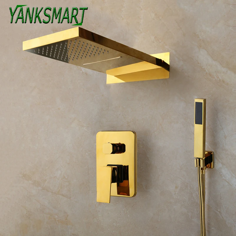 

Роскошный позолоченный дождевой смеситель для ванной комнаты YANKSMART, наборы смесителей для душа с настенным креплением, ручной душ, 2 функции...
