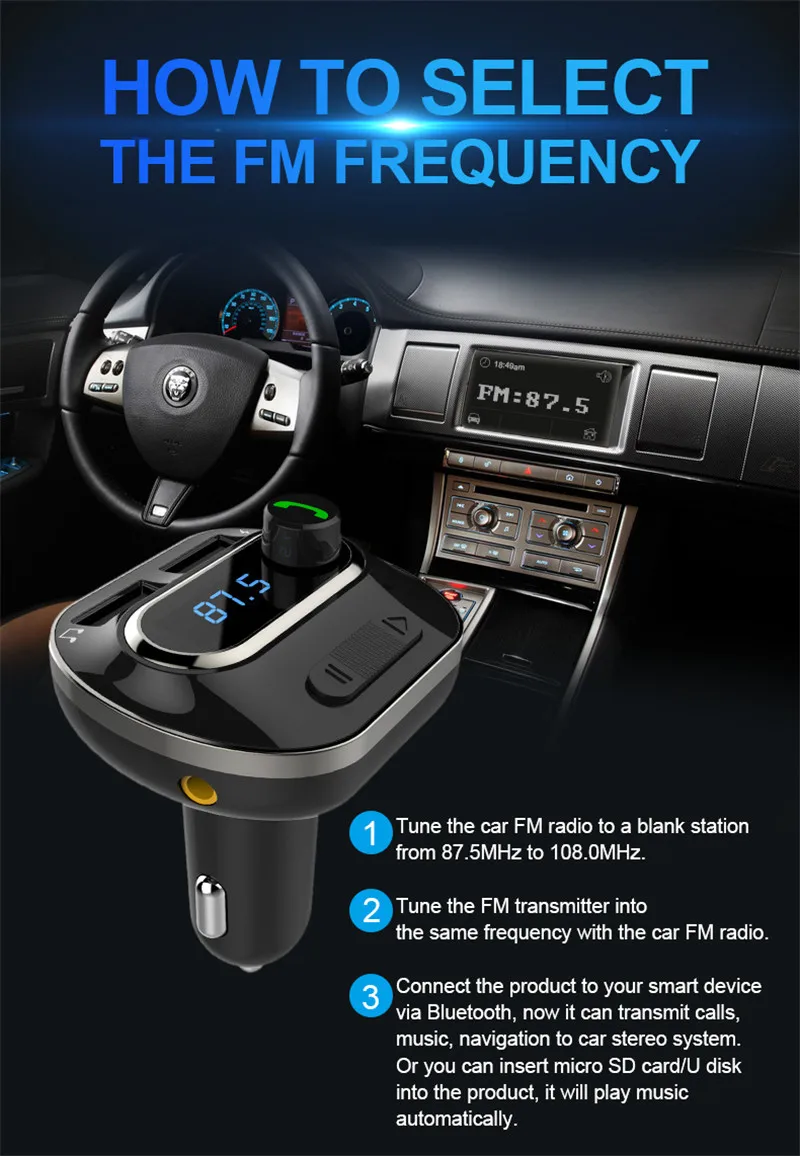 Автомобильный комплект громкой связи беспроводной Bluetooth fm-передатчик USB зарядное устройство AUX чтение microSD карты/u-диск DC 5 В 3.4A