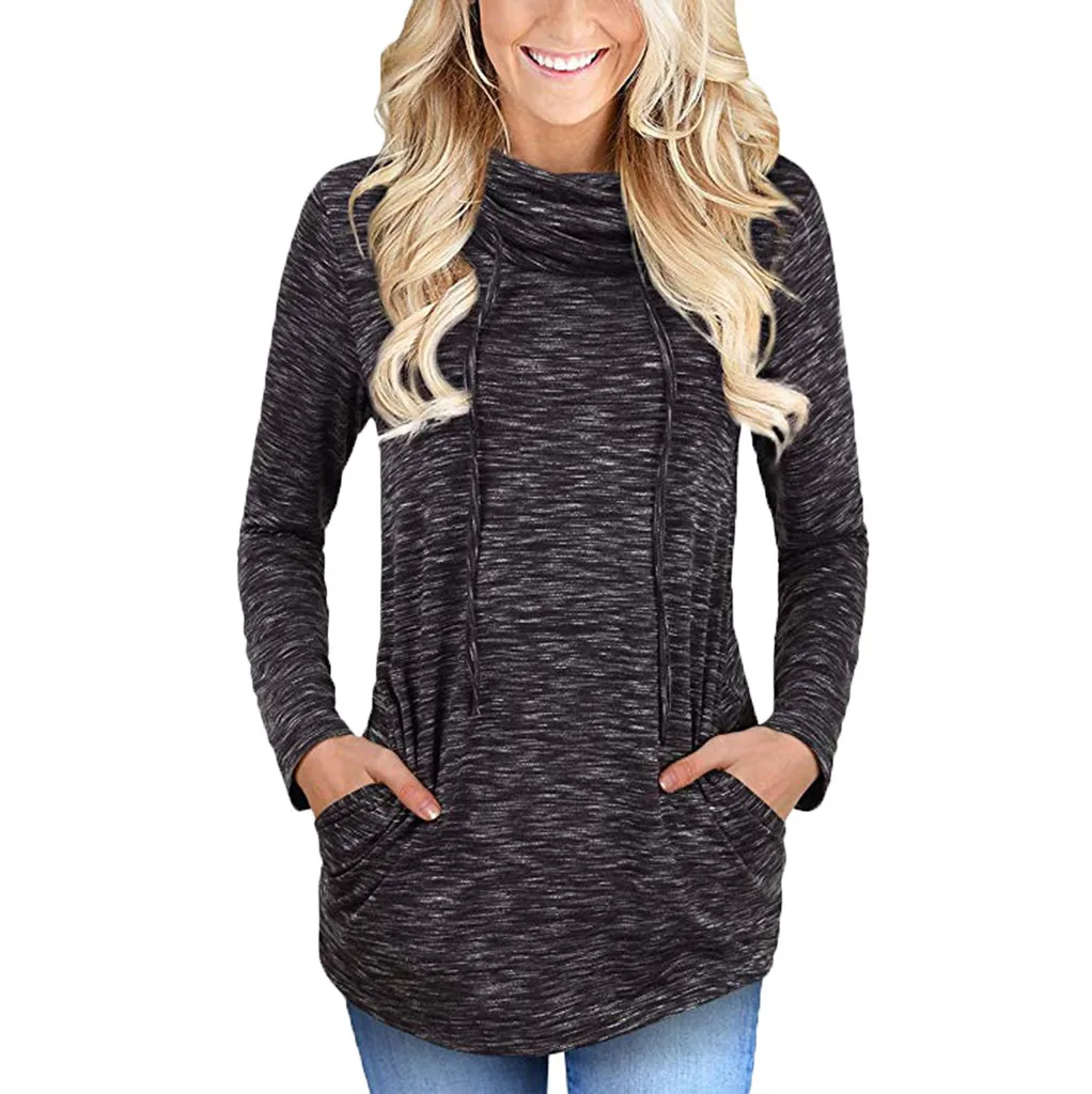Womens Long Sleeve Cowl Neck Casual Sweatshirt Tops with Pockets harajuku hoodies sweatshirt streetwear sudaderas para mujer #3 | Женская
