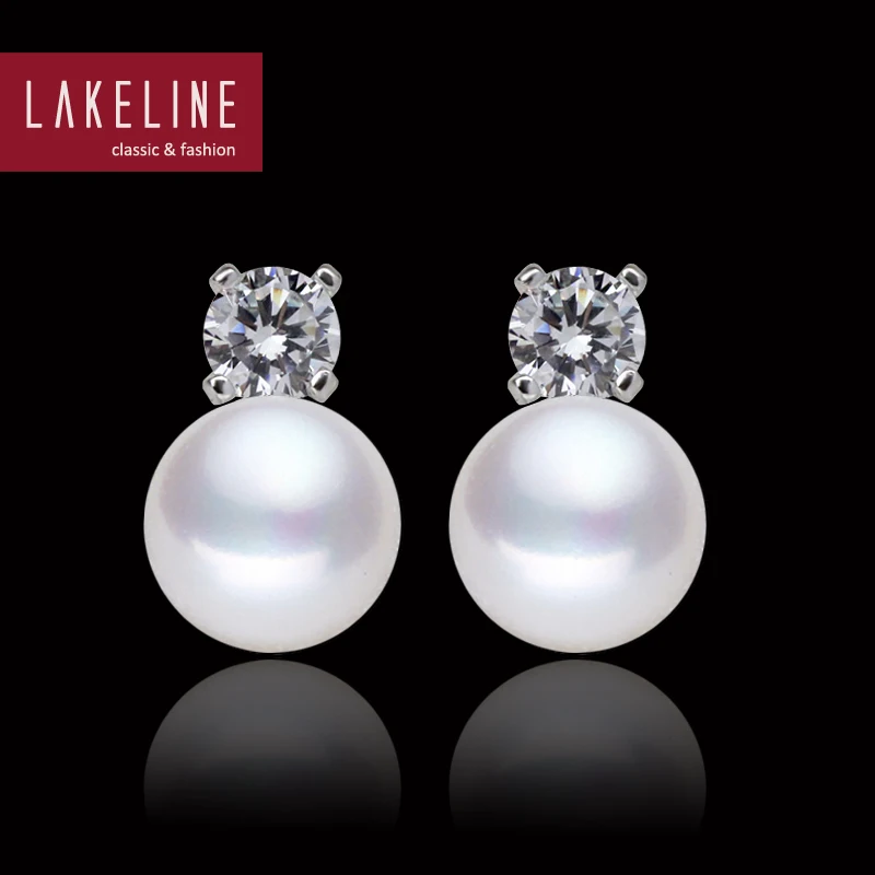 CZ горный хрусталь реального Серьги с жемчугом круглая кнопка белый из