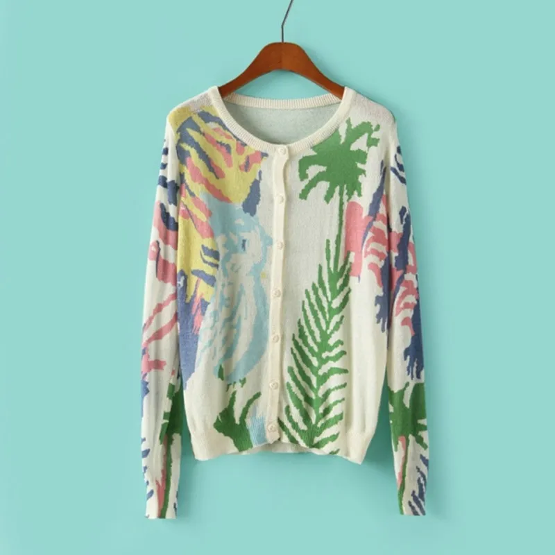 new autumn and winter in Europe America with the money home color printing long-sleeved knit cardigan sweater women's coat | Женская
