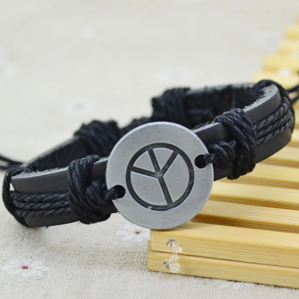 wholesale 6PCS retro peace sign alloy metal leather bracelet CL1029 free shipping | Украшения и аксессуары