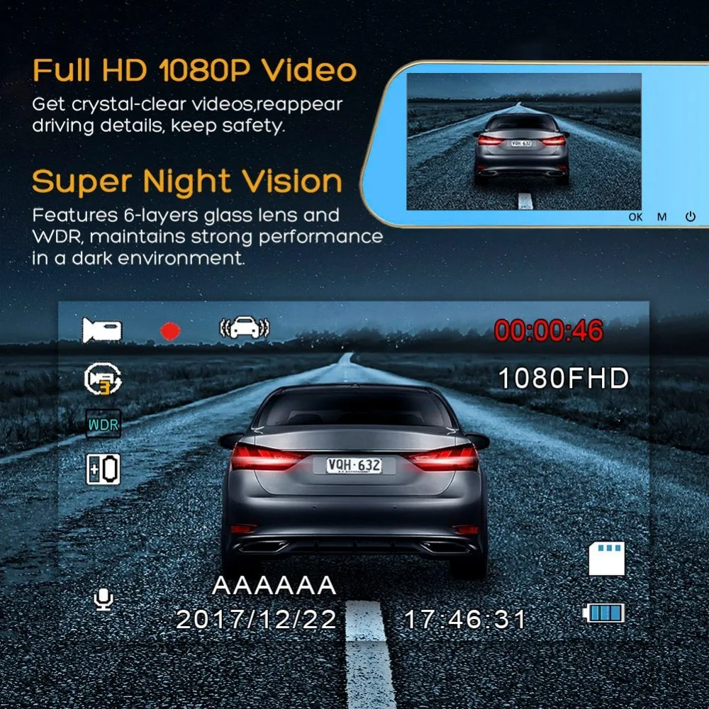 HGDO 4.3 ''FHD 1080P видеорегистраторы автомобильные регистратор car dvr с двойной