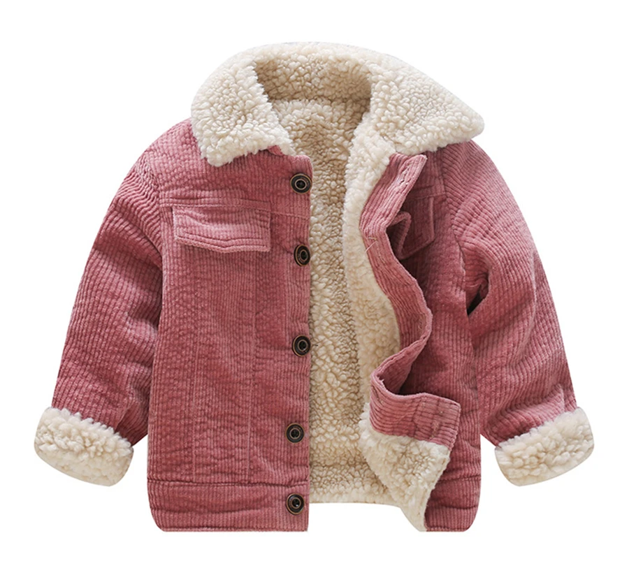

New Winter Lamb Wool Coat for Girls Kids Single Breasted Corduroy Jackets for 1 2 3 4 Years Olds Thicken Fleece Pockets Coats