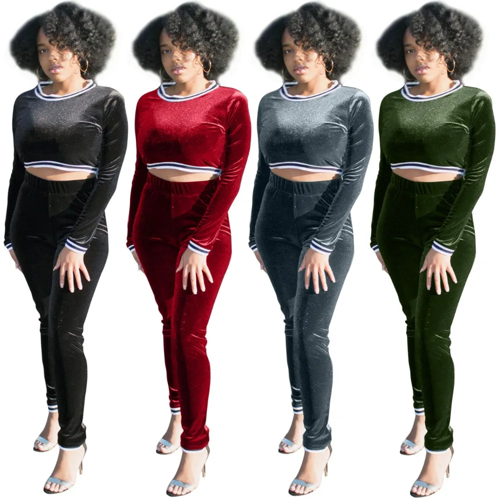 Пэчворк в полоску Для женщин комплект Повседневное бархат с длинным рукавом