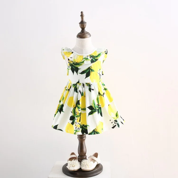 Летние платья для маленьких девочек без рукавов с лимонным узором лето 2018 одежда