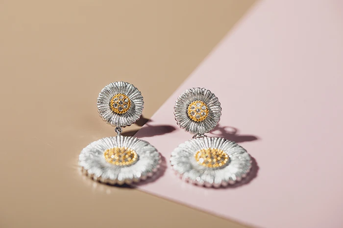 CMAJOR Solid Sterling Silver Jewelry Two Tone Vintage Elegant Daisy Bellis Perennis Drop Earrings For Women