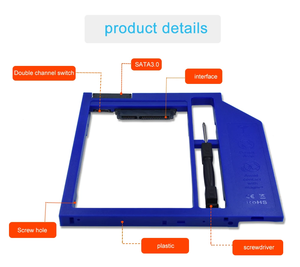 TISHRIC синий пластик Optibay 2nd HDD Caddy Box 9,5 мм SATA 3,0 для 9/9. 5 мм 2," SSD адаптер CD DVD HDD чехол Корпус для ноутбука