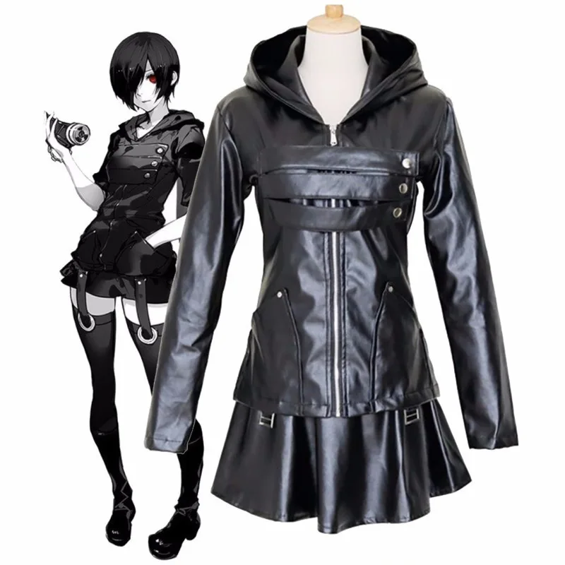 Fantasia de cosplay do anime tokyo ghoul touka, kit completo de uniforme de couro pu com capuz, vestido preto de halloween para mulheres