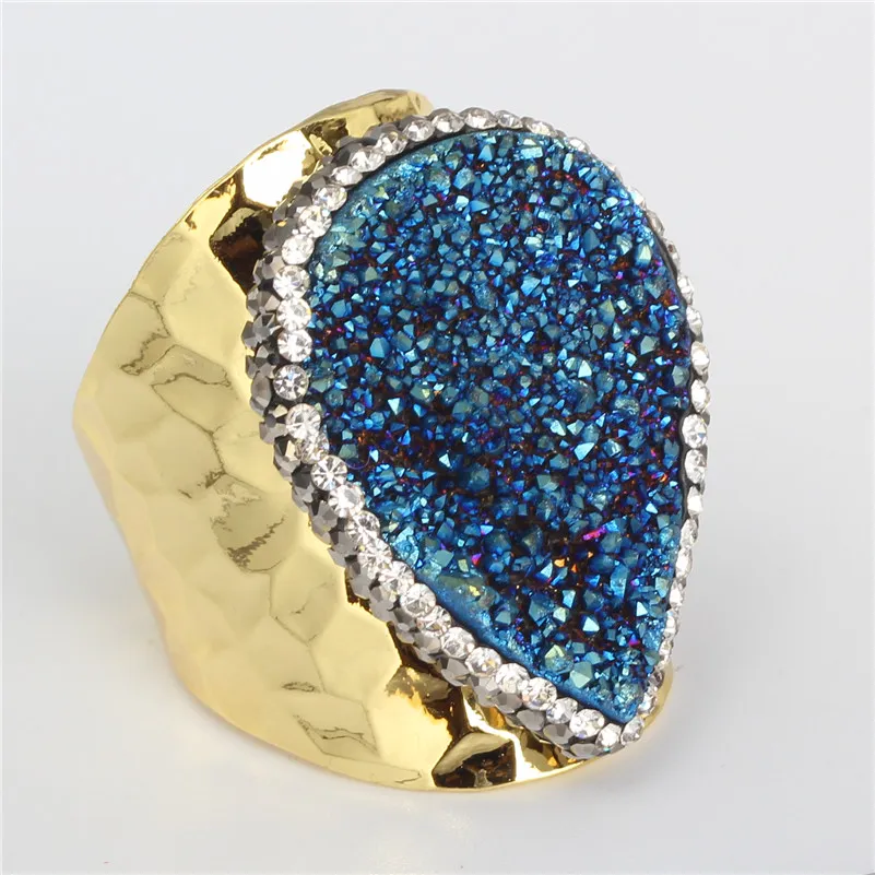 KEJIALAI Luxury Jewelry Waterdrop Tear Dark Blue Druzy Mineral Semi Precious Stone Pure Gold Color Adjustable Open Ring Unisex | Украшения