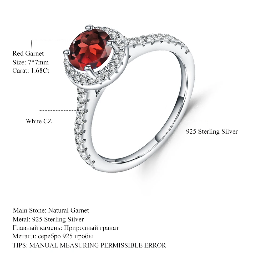 

GEM'S BALLET 925 Sterling Silver Classic Engagement Ring 1.68Ct Natural Red Garnet Gemstone Rings For Women Wedding Fine Jewelry