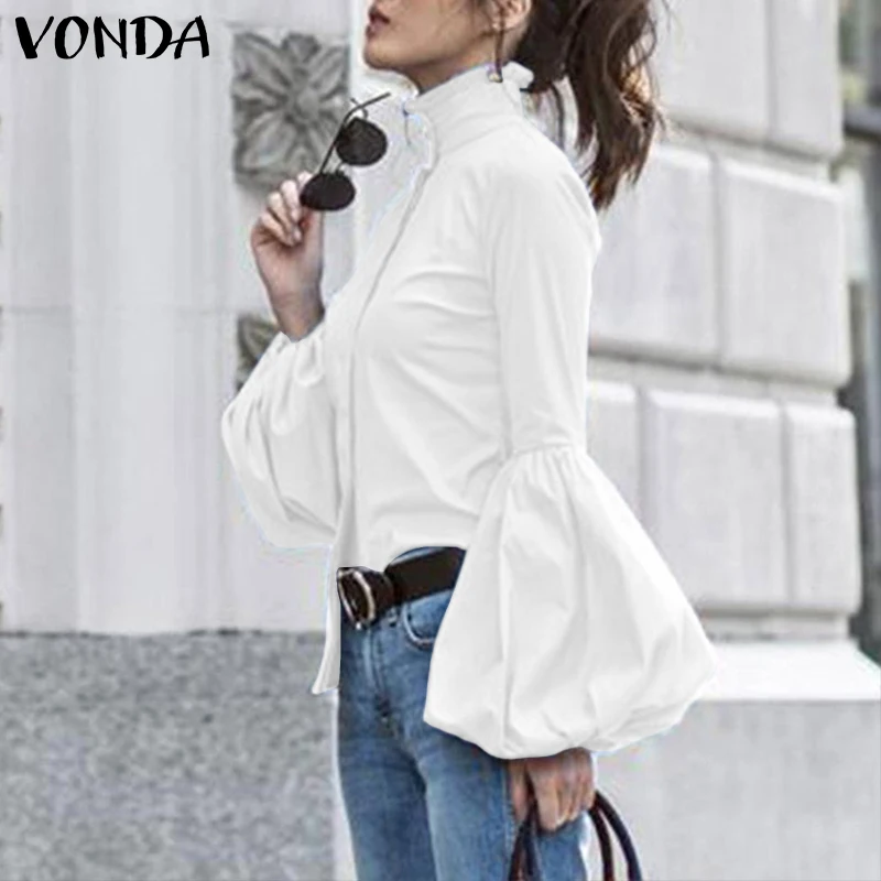 Женская блузка VONDA, модные женские однотонные Топы с длинным рукавом-фонариком, женские повседневные блузы, топ размера плюс S-5XL, Женская туника