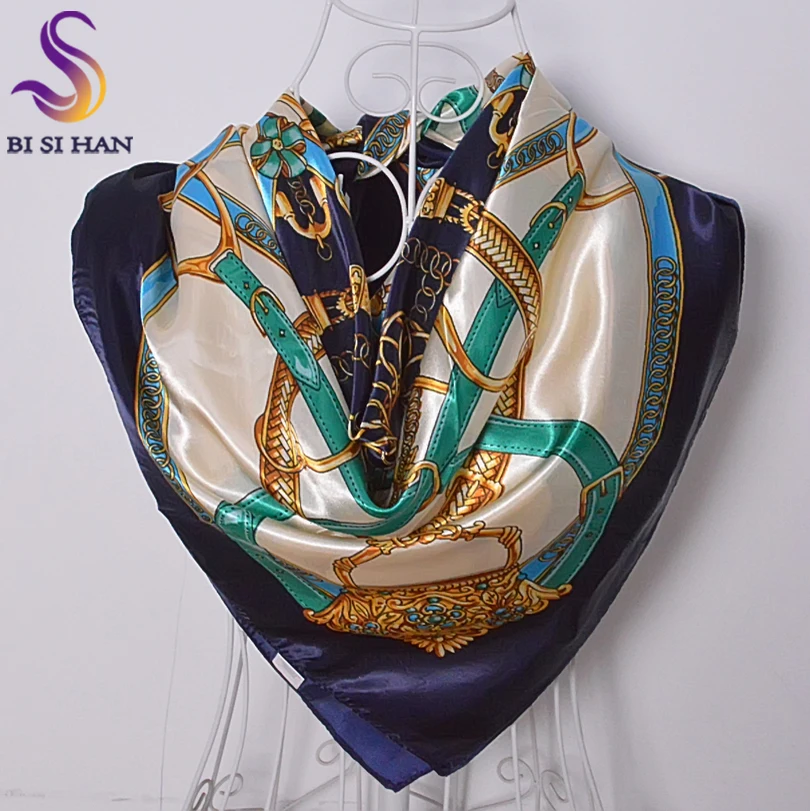 

[BYSIFA] Ladies Blue White Square Scarves Wraps Printed Spring Autumn Apparel Accessories Chain Brand Female Satin Silk Scarf