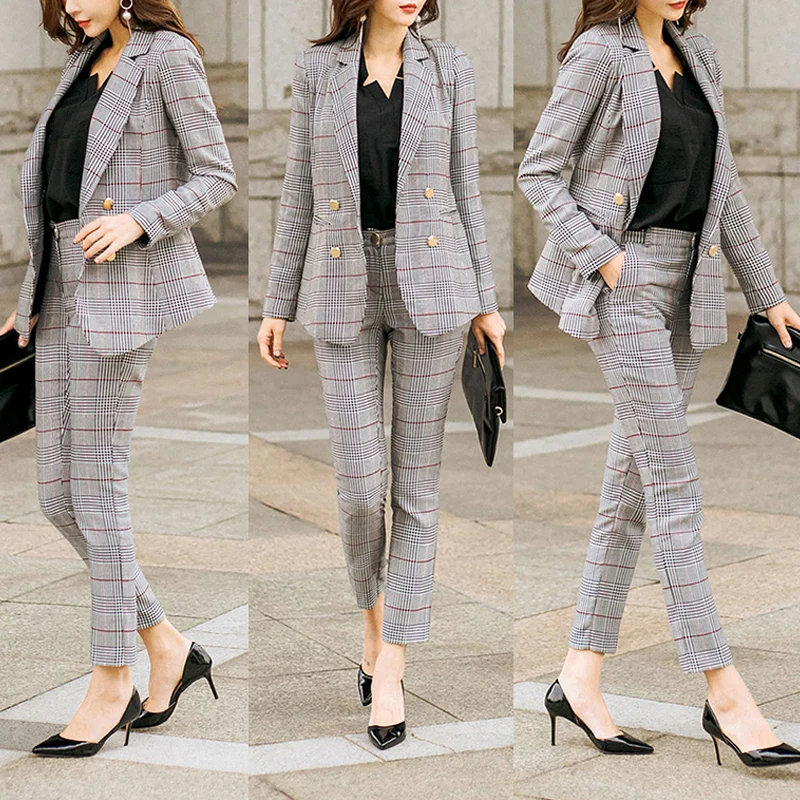 

New High quality business Blazers Suit Women Plaid Pants Suits 2 Two Piece Sets blazer jacket for women suit blazer set women